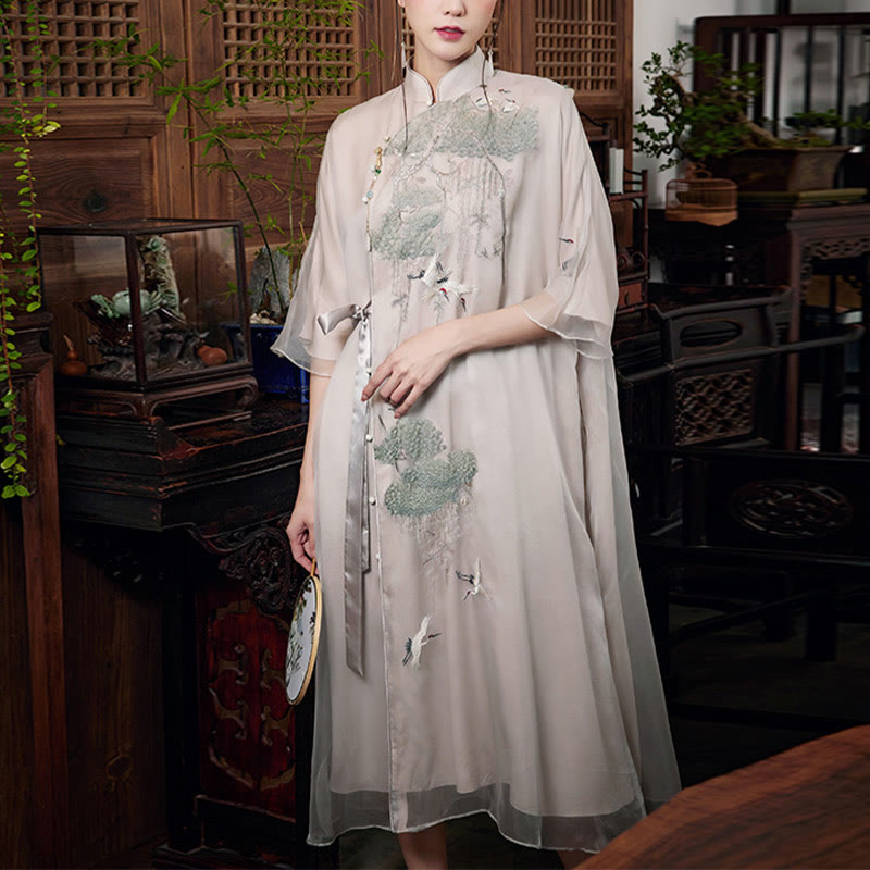 Mythstones 100% Mulberry Silk 6 Momme Dress Retro Pine Tree Crane Embroidery Qipao Dress Women's Cheongsam Dress