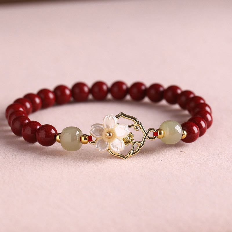 MythStone Natural Cinnabar Jade Beaded Tridacna Stone Flower Blessing Bracelet