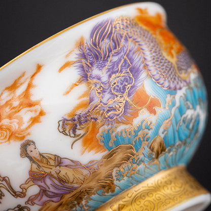 Mythstone Golden Eagle Auspicious Dragon Sun Ocean Waves Gilt Ceramic Teacup Kung Fu Tea Cup