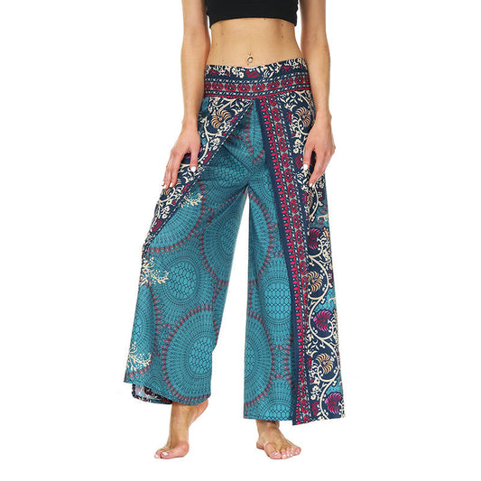 Mythstone Boho Flower Vine Split Thigh Wide Leg Pants Sports Fitness Dance Women's Yoga Pants