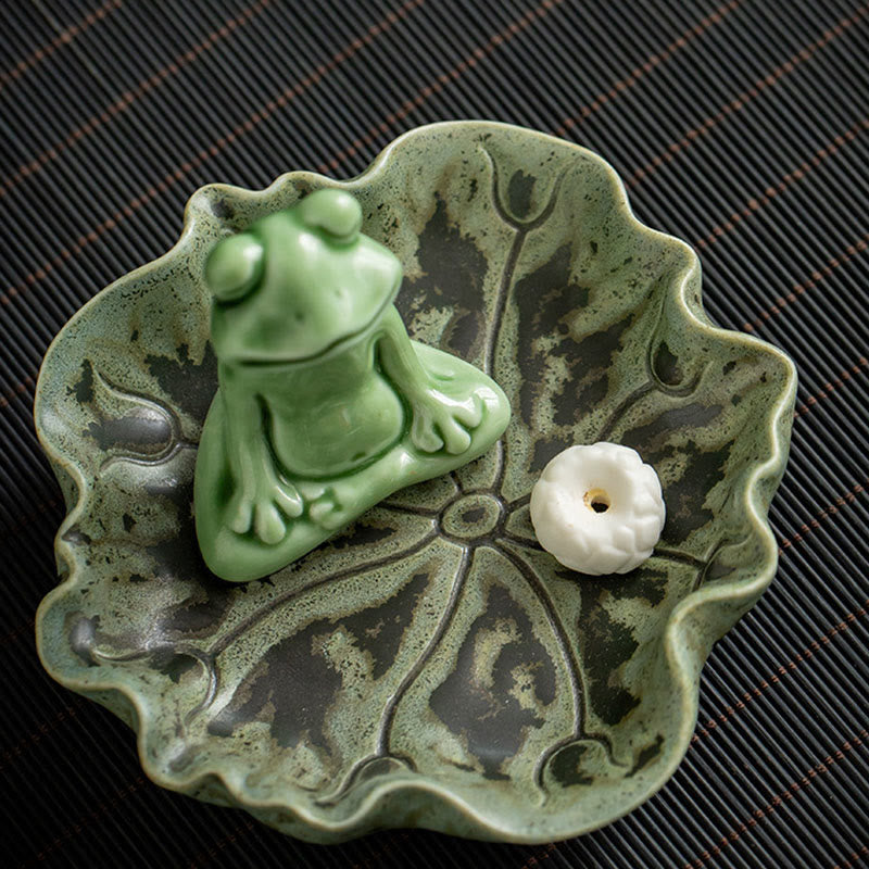 Mythstone Leaf Meditation Frog Pattern Healing Ceramic Incense Burner Decoration