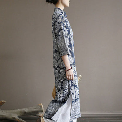 Mythstone Blue And White Porcelain Pattern Frog-button Midi Dress Three Quarter Sleeve Linen Batik Dress With Pockets