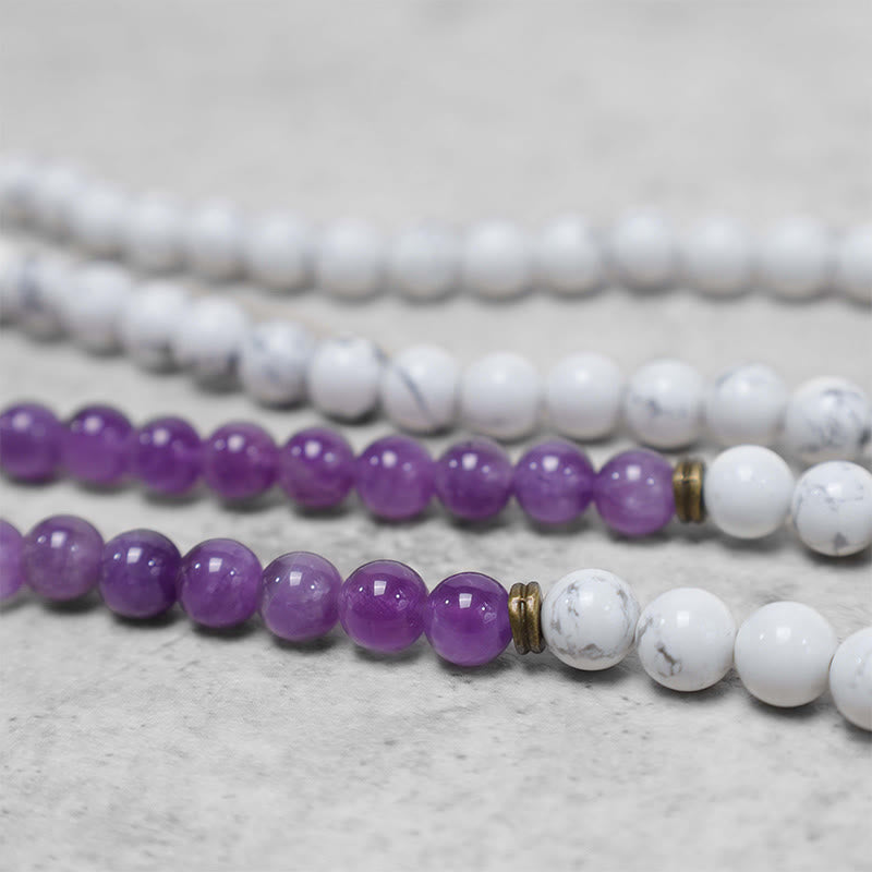 Mythstone 108 Mala Beads Amethyst White Turquoise OM Healing Meditation Energy Bracelet