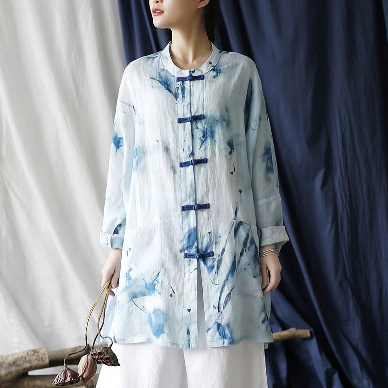 Mythstone Blue White Ink Printing Frog-button Design Long Sleeve Ramie Linen Jacket Shirt With Pockets