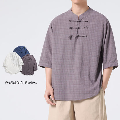 Mythstone Frog-Button Plaid Pattern Chinese Tang Suit Half Sleeve Shirt Cotton Linen Men Clothing