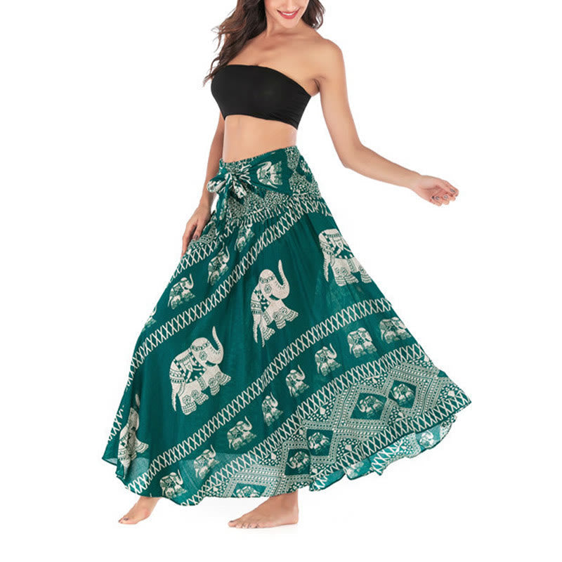 Mythstone Two Style Wear Bohemian Summer Elephant Lines Lace-up Skirt Dress