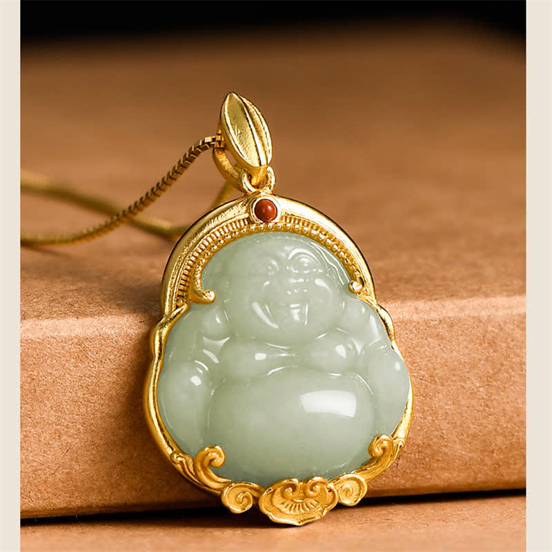 Mythstone 925 Sterling Silver Laughing Buddha Natural Hetian Jade Luck Prosperity Necklace Pendant