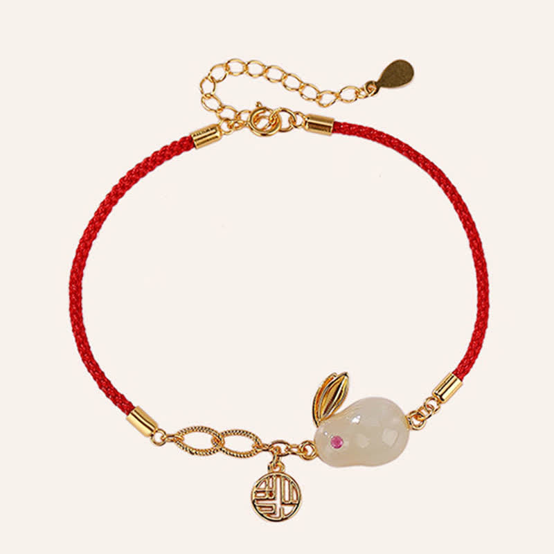 Pulsera de hilo rojo con bendición de la suerte y jade blanco hetiano del año del conejo en plata de ley 925 de Mythstone 