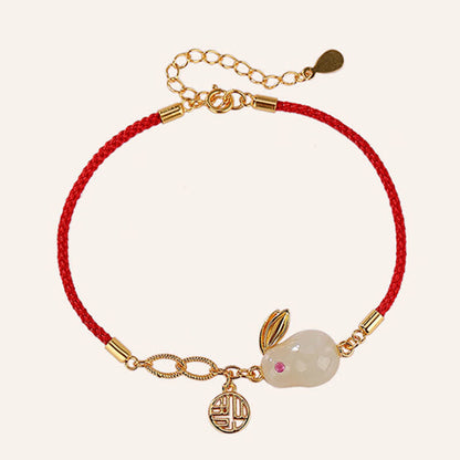 Pulsera de hilo rojo con bendición de la suerte y jade blanco hetiano del año del conejo en plata de ley 925 de Mythstone 