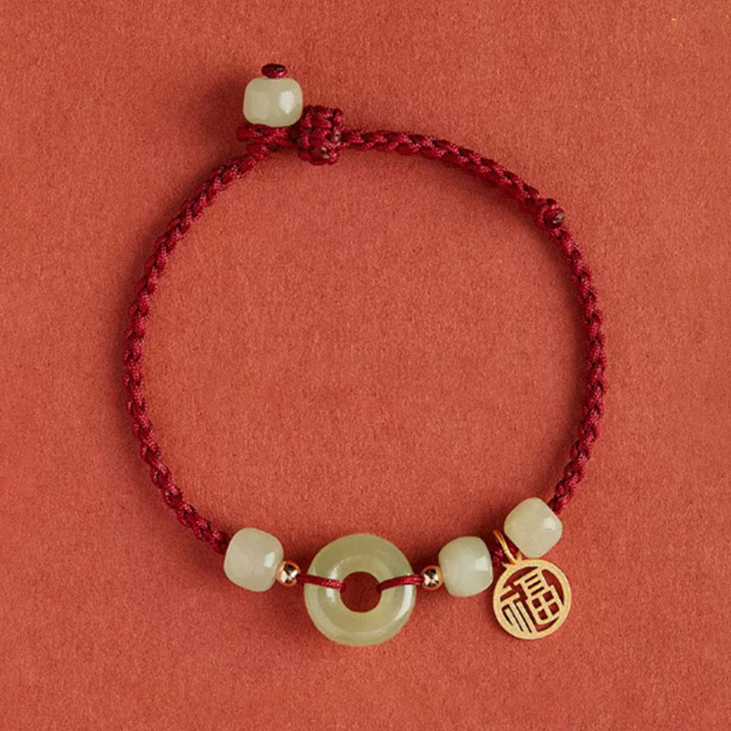 Pulsera de hilo con hebilla de paz redonda de piedra mitológica con loto de jade, felicidad, abundancia y riqueza