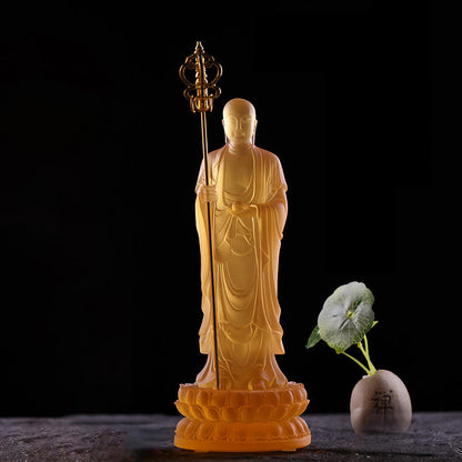 Figura de Bodhisattva Ksitigarbha hecha a mano de Mythstone, pieza de arte de cristal de Liuli, estatua de serenidad, decoración del hogar