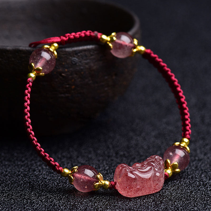 Mythstone Natural Strawberry Crystal Pixiu Charm Lucky Red String Bracelet