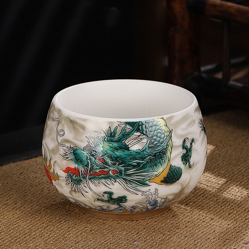 Mythstone Dragon Cicada Bamboo Deer Crane Lotus Plum Flower Ceramic Teacup Kung Fu Tea Cup Bowl 185ml