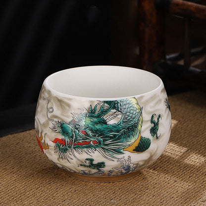 Mythstone Dragon Cicada Bamboo Deer Crane Lotus Plum Flower Ceramic Teacup Kung Fu Tea Cup Bowl 185ml