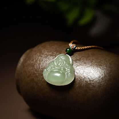 Mythstone Laughing Buddha Jade Lotus Prosperity String Necklace Pendant