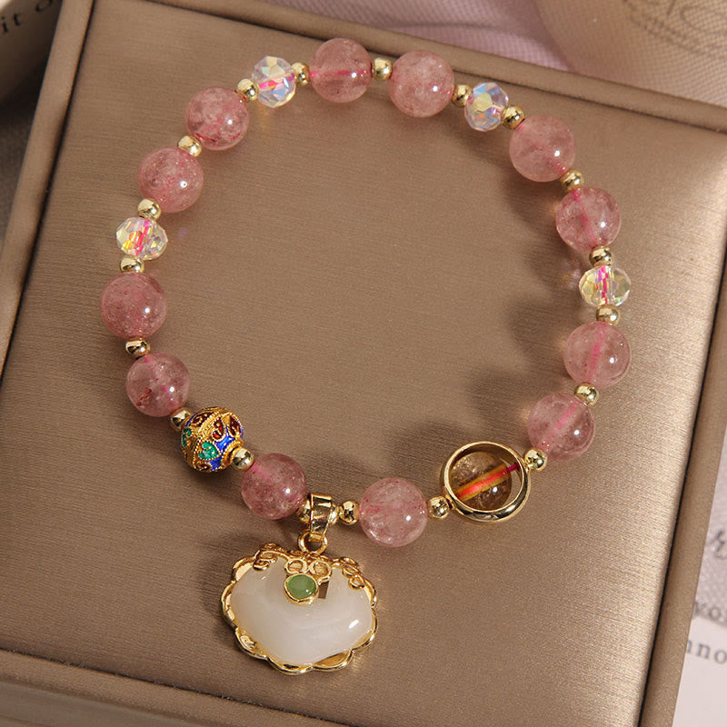 Mythstone Strawberry Quartz Green Crystal Amethyst Healing Chinese Lock Charm Bracelet