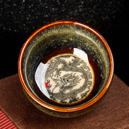 Mythstone Lotus Dragon Phoenix Koi Fish Chinese Jianzhan Ceramic Teacup Kung Fu Tea Cup 110ml