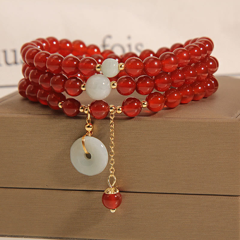 MythStone Natural Red Agate Jade Peace Buckle Calm Triple Wrap Bracelet