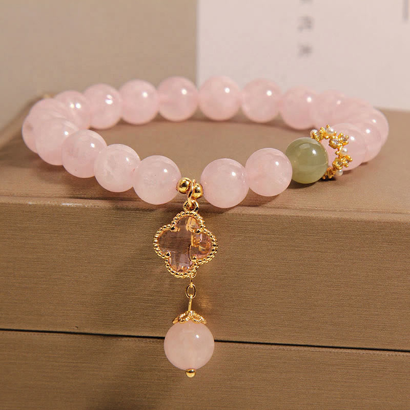 Mythstone Natural Pink Crystal Four Leaf Clover Soothing Bracelet