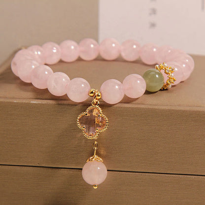 Mythstone Natural Pink Crystal Four Leaf Clover Soothing Bracelet