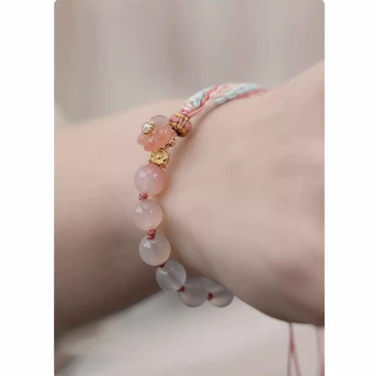 Mythstone Natural Gradient Agate Reincarnation Knot Peach Blossom Wealth Luck Handmade String Bracelet