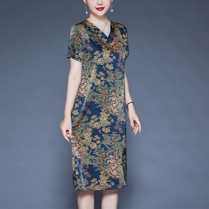 Mythstone V-Neck Tree Leaves Short Sleeve Midi Dress With Pockets