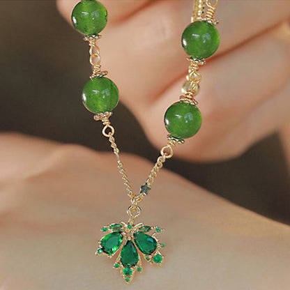 Mythstone 14k Gold Plated Green Chalcedony Maple Leaf Courage Strength Bracelet