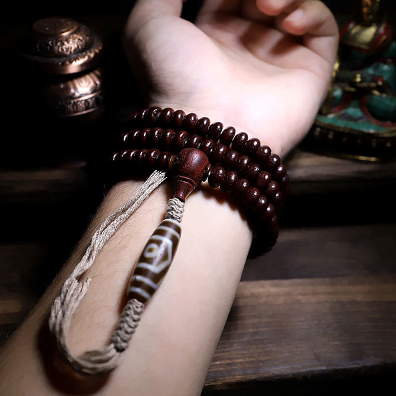 Pulsera de armonía Dorje de cobre con cuentas Dzi de tres ojos y semilla de Bodhi morada de Mythstone Natural Tibet de 108 cuentas Mala