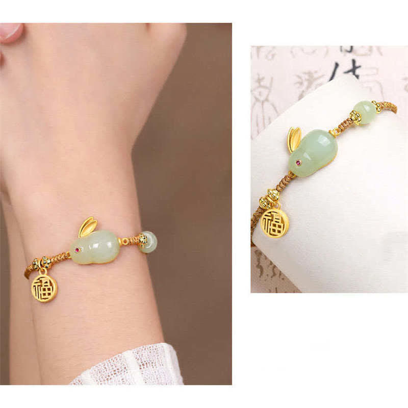 Mythstone Year of the Rabbit Hetian Jade Happiness Blessing Wealth String Bracelet