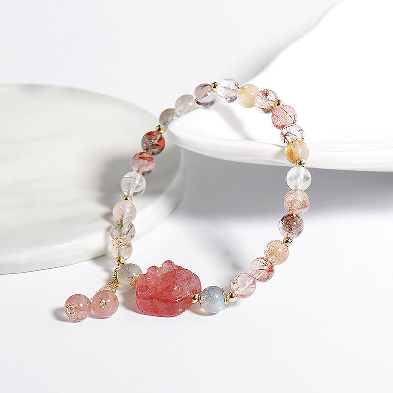 Mythstone Natural Strawberry Quartz Cat Paw Claw Colorful Rutilated Quartz Moonstone Love Bracelet