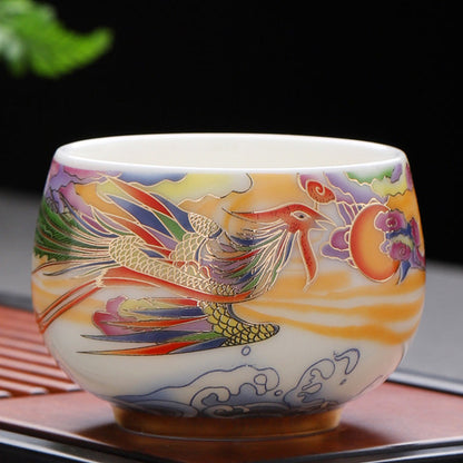 Mythstone Dragon Phoenix Auspicious Clouds Sun Ocean Waves Ceramic Teacup Kung Fu Tea Cup