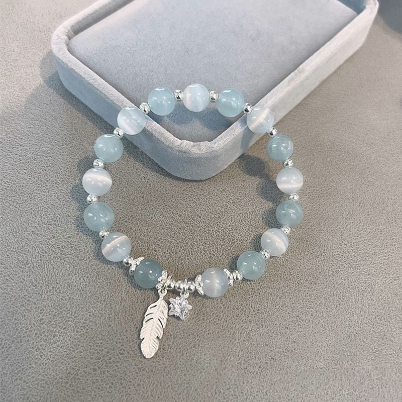 Mythstone 925 Sterling Silver Aquamarine Cat's Eye Healing Feather Star Charm Bracelet