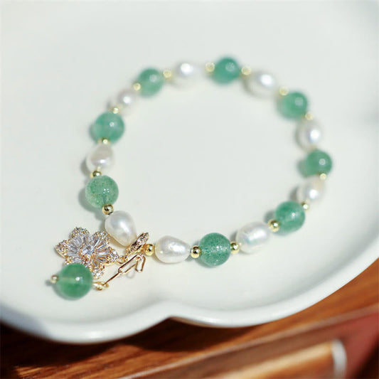 Mythstone Natural Green Strawberry Quartz Pearl Flower Charm Love Bracelet