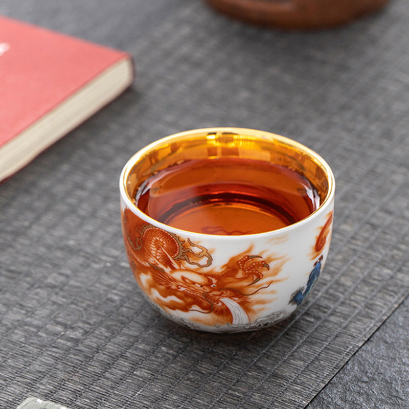 Mythstone Dragon Phoenix Crane Sun Ocean Waves Gilt Ceramic Teacup Kung Fu Tea Cup 170ml