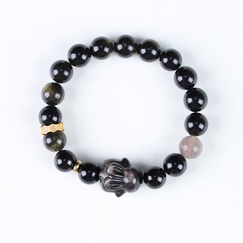 Mythstone Gold Sheen Obsidian Black Obsidian Silver Sheen Obsidian Cute Rabbit Protection Bracelet