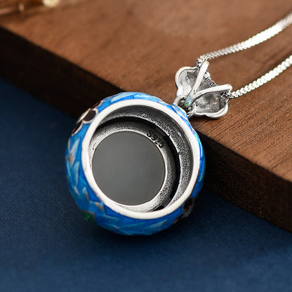 Mythstone 925 Sterling Silver Blue Enamel Round Hetian Jade Luck Necklace Pendant Ring Set