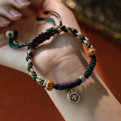 Pulsera de cuerda de la riqueza con cuentas tibetanas Dzi y hueso de yak de ágata