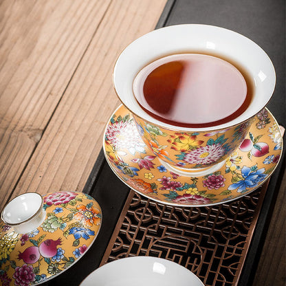 Mythstone Peony Flowers Ceramic Gaiwan Sancai Teacup Kung Fu Tea Cup And Saucer With Lid