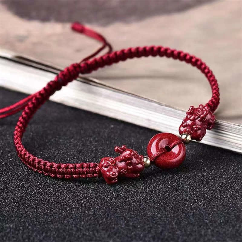 Mythstone Cinnabar PiXiu Blessing Copper Coin Peace Buckle Red String Bracelet