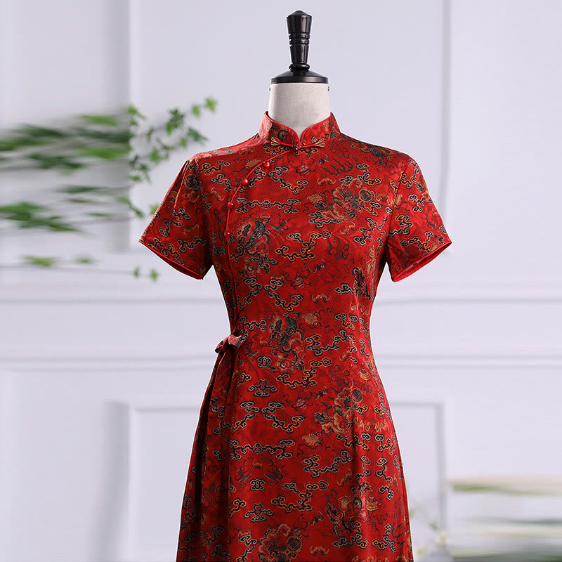 Mythstone Vintage Auspicious Clouds Leaf Print Cheongsam Dress Women's Qipao Dress