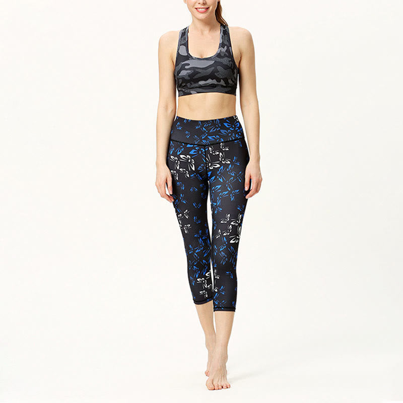 Mythstone Leaves Butterfly Print Sports Yoga Cropped Leggings Women's Yoga Capri Pants