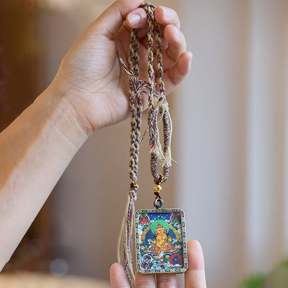 Mythstone Tibet Five Directions Gods of Wealth Hand-Painted Thangka Buddha Serenity Necklace Pendant