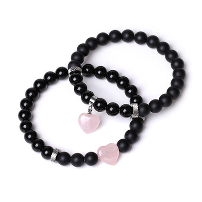 Mythstone 2Pcs Black Onyx Crystal Stone Love Heart Protection Support Couple Bracelet