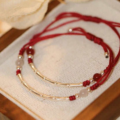 Mythstone 925 Sterling Silver Bamboo White Agate Red Agate Bead Protection String Braided Bracelet