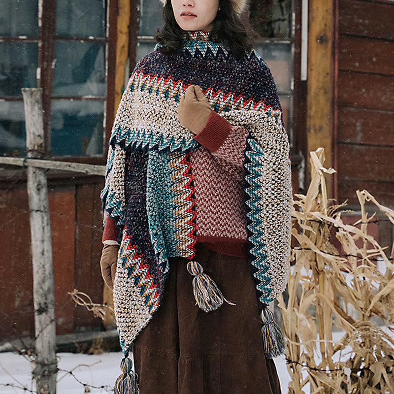 Chal tibetano Mythstone con estampado ondulado azul, beige y rojo, bufanda cálida con borlas para el invierno