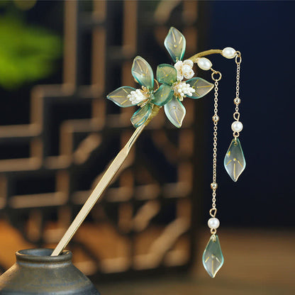 Mythstone Flower Leaf Pearl Peace Tassel Hairpin