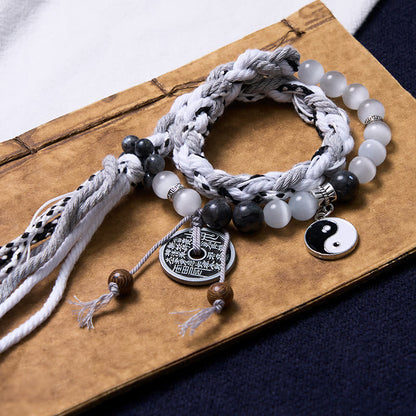 Mythstone Black Glitter Stone Cat's Eye Yin Yang Mountain Ghosts Spend Money Power Double Layer Rope Bracelet