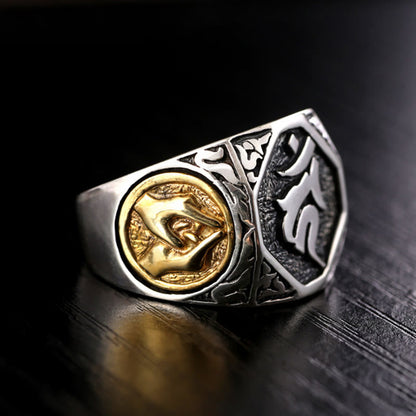 Anillo ajustable de protección tallado con diseño sánscrito en plata de ley 925 Mythstone