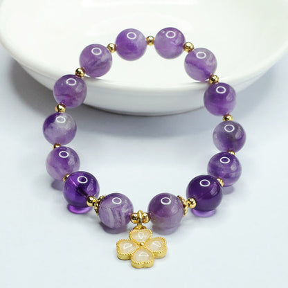 Mythstone Natural Amethyst Crystal Inner Peace Four Leaf Clover Charm Bracelet