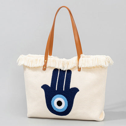 Mythstone Large Capacity Evil Eye Leaf Hamsa Tassel Canvas Tote Shoulder Bag